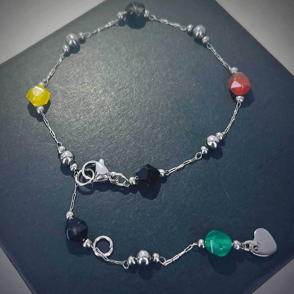 Natural Stone Colorful Agate Bead Bracelet Platinum